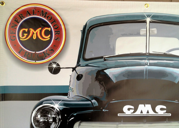1952 GMC 100 Pickup Truck DARK GREEN GARAGE SCENE Neon Effect Sign Printed Banner 4' x 3'