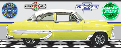 1953 CHEVROLET BEL AIR YELLOW WHITE CAR GARAGE SCENE SIDE VIEW BANNER SIGN ART MURAL VARIOUS SIZES