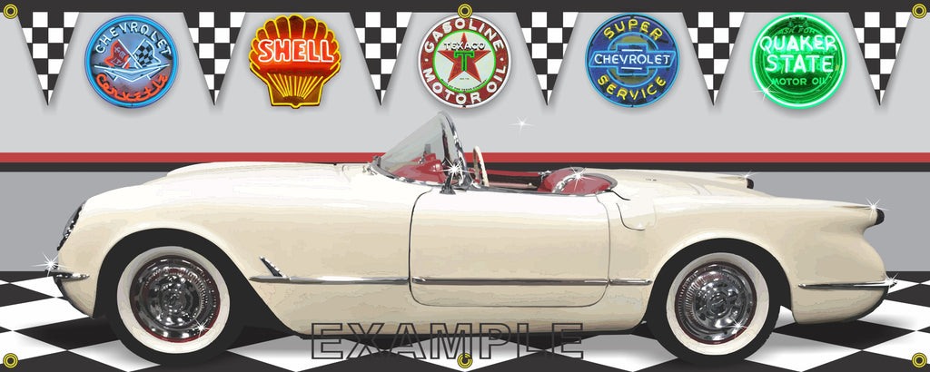 1954 CHEVROLET CORVETTE POLO WHITE CAR GARAGE SCENE SIDE VIEW BANNER SIGN ART MURAL VARIOUS SIZES