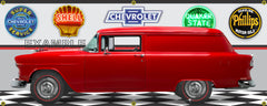 1955 CHEVROLET SEDAN DELIVERY RED CAR GARAGE SCENE SIDE VIEW BANNER SIGN ART MURAL VARIOUS SIZES