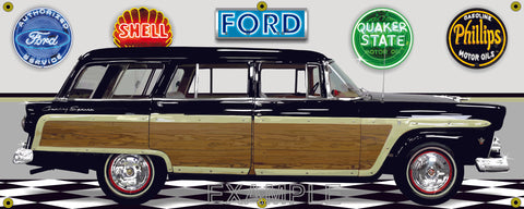 1955 FORD COUNTRY SQUIRE WAGON BLACK WOODY GARAGE SCENE SIDE VIEW BANNER SIGN CAR ART MURAL VARIOUS SIZES