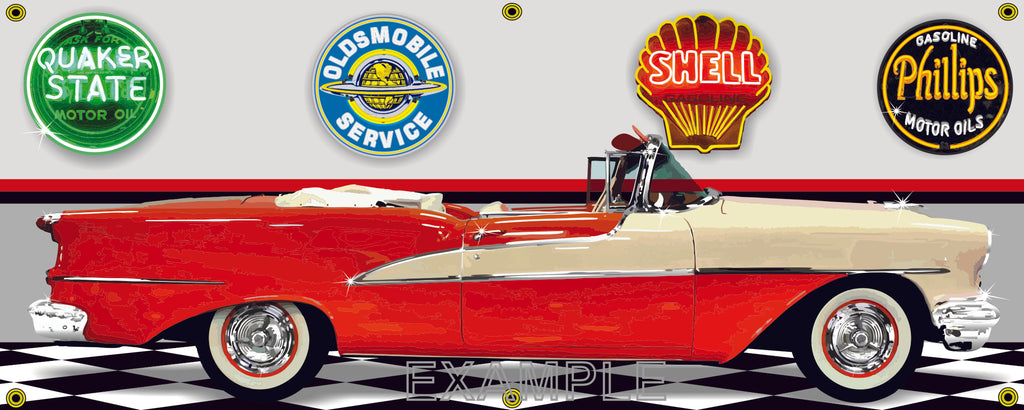 1955 OLDSMOBILE STARFIRE 98 CORAL CREAM CAR GARAGE SCENE SIDE VIEW BANNER SIGN ART MURAL VARIOUS SIZES