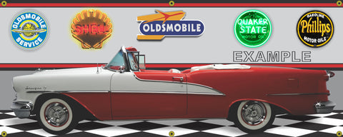 1955 OLDSMOBILE STARFIRE CONVERTIBLE RED WHITE CAR GARAGE SCENE SIDE VIEW BANNER SIGN ART MURAL VARIOUS SIZES