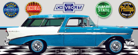 1956 CHEVROLET NOMAD TURQUOISE AND WHITE CAR GARAGE SCENE SIDE VIEW BANNER SIGN ART MURAL VARIOUS SIZES