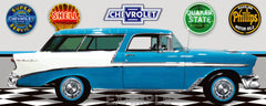 1956 CHEVROLET NOMAD TURQUOISE AND WHITE CAR GARAGE SCENE SIDE VIEW BANNER SIGN ART MURAL VARIOUS SIZES