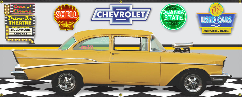 1957 CHEVROLET 210 HOLLYWOOD KNIGHTS YELLOW GARAGE SCENE SIDE VIEW BANNER SIGN CAR ART MURAL VARIOUS SIZES