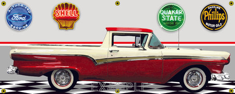 1957 FORD RANCHERO RED WHITE CAR/TRUCK GARAGE SCENE SIDE VIEW BANNER SIGN CAR ART MURAL VARIOUS SIZES
