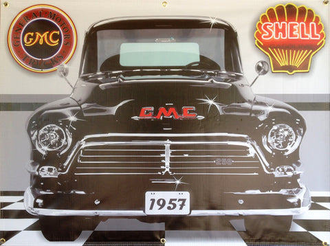 1957 GMC 250 TRUCK BLACK GARAGE SCENE Neon Effect Sign Printed Banner 4' x 3'