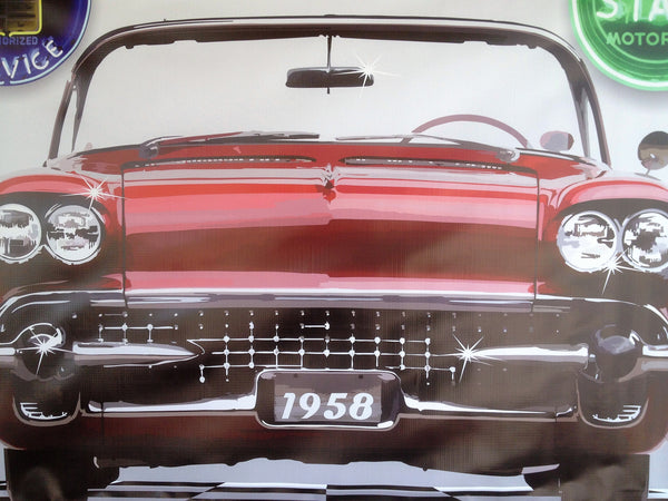1958 CADILLAC ELDORADO RED GARAGE SCENE Neon Effect Sign Printed Banner 4' x 3'