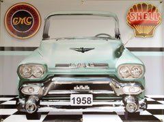 1958 GMC GENERAL MOTORS 100 TRUCK SEAFOAM GREEN GARAGE SCENE Neon Effect Sign Printed Banner 4' x 3'