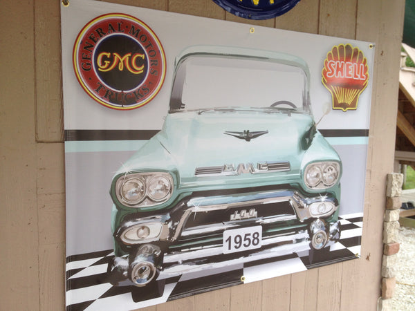 1958 GMC GENERAL MOTORS 100 TRUCK SEAFOAM GREEN GARAGE SCENE Neon Effect Sign Printed Banner 4' x 3'