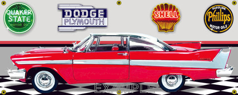 1958 PLYMOUTH BELVEDERE 2-DOOR COUPE RED CAR GARAGE SCENE SIDE VIEW BANNER SIGN CAR ART MURAL VARIOUS SIZES
