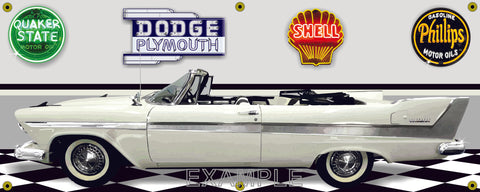 1958 PLYMOUTH BELVEDERE WHITE CONVERTIBLE GARAGE SCENE SIDE VIEW BANNER SIGN CAR ART MURAL VARIOUS SIZES