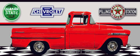 1959 CHEVROLET APACHE TRUCK RED GARAGE SCENE SIDE VIEW BANNER SIGN ART MURAL VARIOUS SIZES