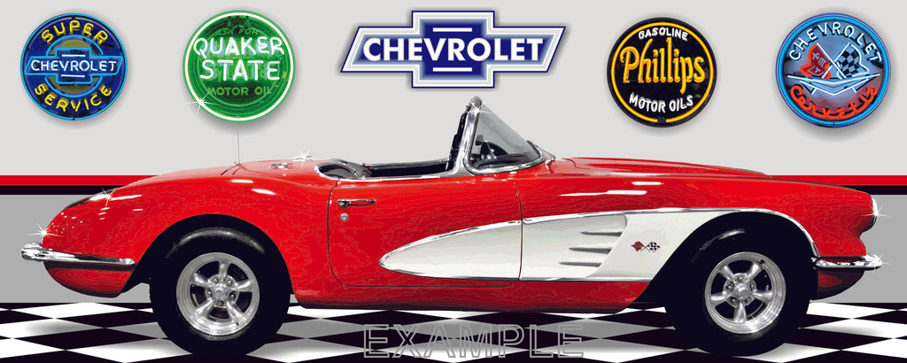 1959 CHEVROLET CORVETTE CONVERTIBLE RED WHITE CAR GARAGE SCENE SIDE VIEW BANNER SIGN ART MURAL VARIOUS SIZES