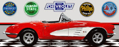 1959 CHEVROLET CORVETTE CONVERTIBLE RED WHITE CAR GARAGE SCENE SIDE VIEW BANNER SIGN ART MURAL VARIOUS SIZES