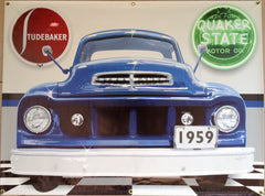 1959 STUDEBAKER BLUE TRUCK GARAGE SCENE Neon Effect Sign Printed Banner 4' x 3'