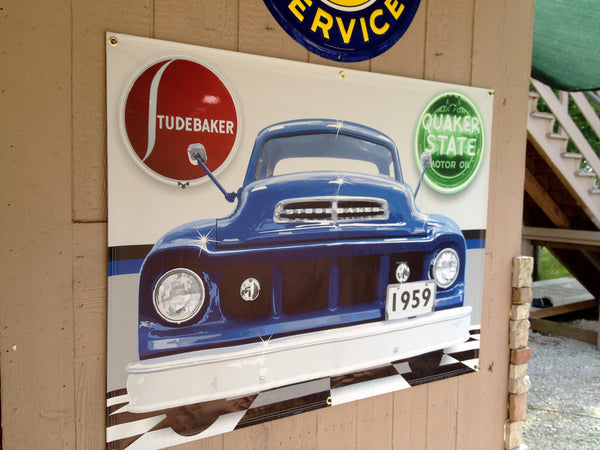 1959 STUDEBAKER BLUE TRUCK GARAGE SCENE Neon Effect Sign Printed Banner 4' x 3'