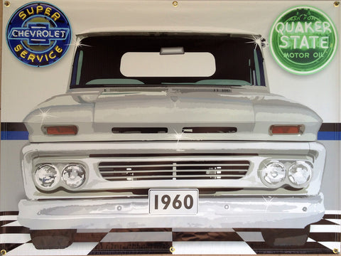1960 CHEVY CHEVROLET TRUCK WHITE GARAGE SCENE Neon Effect Sign Printed Banner 4' x 3'