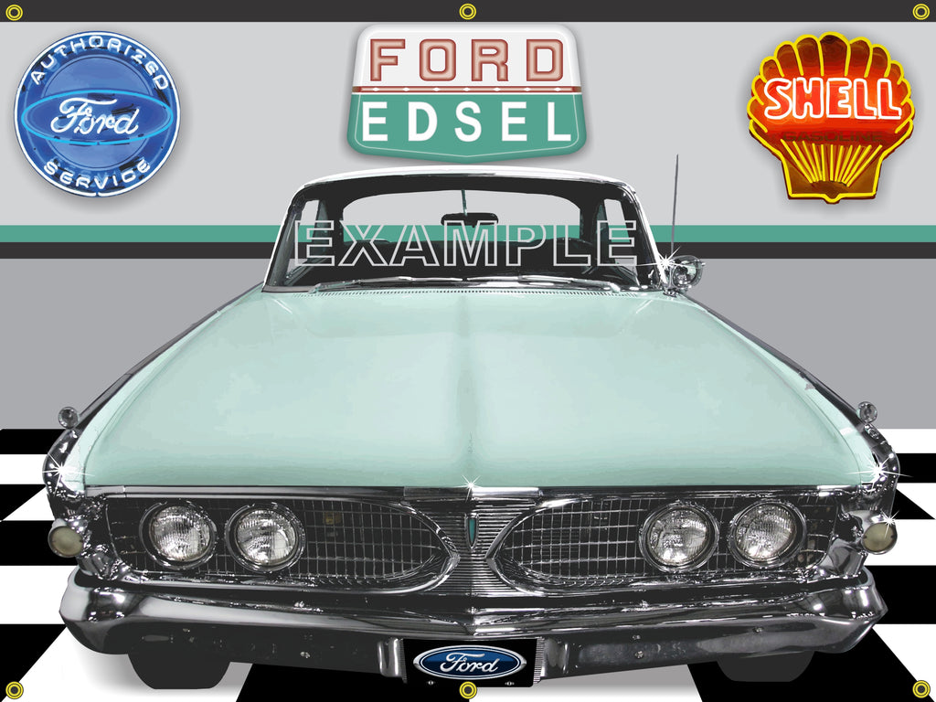 1960 FORD EDSEL RANGER LIGHT SEAFOAM/TURQUOISE CAR GARAGE SCENE FRONT VIEW 3' X 4' BANNER SIGN CAR ART MURAL