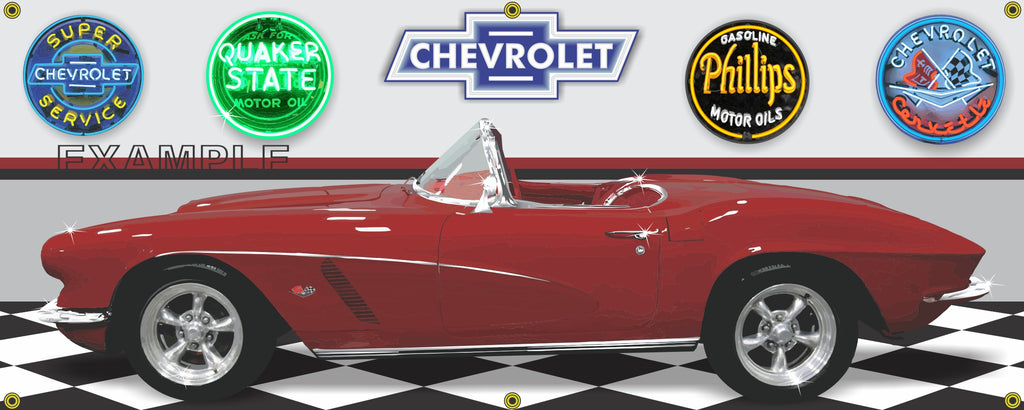1962 CHEVROLET C1 CORVETTE CONVERTIBLE MAROON CAR GARAGE SCENE SIDE VIEW BANNER SIGN ART MURAL VARIOUS SIZES