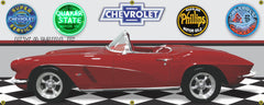 1962 CHEVROLET C1 CORVETTE CONVERTIBLE MAROON CAR GARAGE SCENE SIDE VIEW BANNER SIGN ART MURAL VARIOUS SIZES