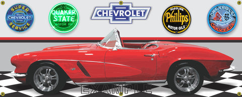 1962 CHEVROLET CORVETTE C1 CONVERTIBLE SOLID RED CAR GARAGE SCENE SIDE VIEW BANNER SIGN ART MURAL VARIOUS SIZES
