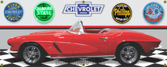 1962 CHEVROLET CORVETTE C1 CONVERTIBLE SOLID RED CAR GARAGE SCENE SIDE VIEW BANNER SIGN ART MURAL VARIOUS SIZES