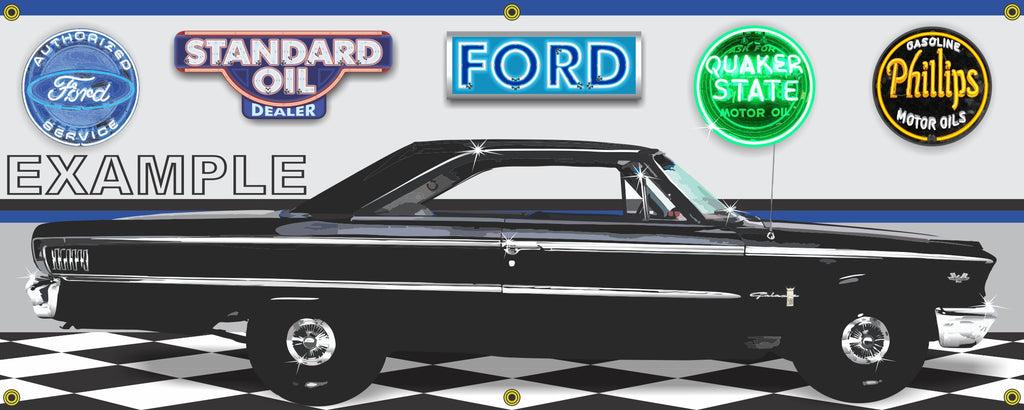 1963-1/2 FORD GALAXIE 500 BLACK CAR GARAGE SCENE SIDE VIEW BANNER SIGN CAR ART MURAL VARIOUS SIZES