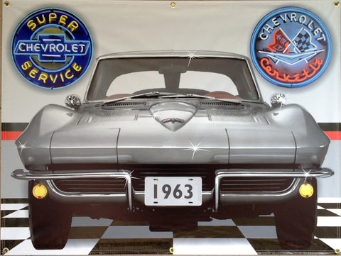 1963 CHEVROLET CORVETTE SILVER  SPLIT WINDOW COUPE GARAGE SCENE Neon Effect Sign Printed Banner 4' x 3'