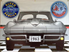 1963 CHEVROLET CORVETTE SILVER  SPLIT WINDOW COUPE GARAGE SCENE Neon Effect Sign Printed Banner 4' x 3'
