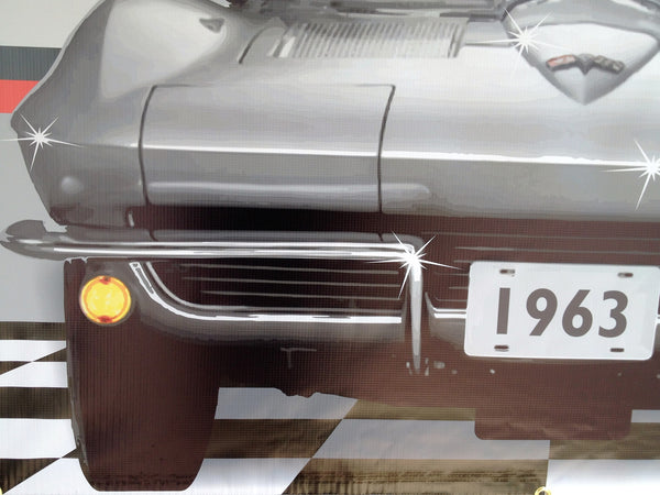 1963 CHEVROLET CORVETTE SILVER  SPLIT WINDOW COUPE GARAGE SCENE Neon Effect Sign Printed Banner 4' x 3'