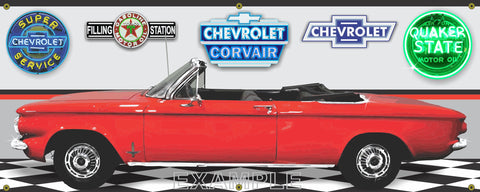 1964 CHEVROLET CORVAIR RED CONVERTIBLE CAR GARAGE SCENE SIDE VIEW BANNER SIGN ART MURAL VARIOUS SIZES