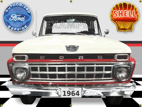 1964 FORD F100 TRUCK WHITE RED GARAGE SCENE SIDE VIEW BANNER SIGN CAR ART MURAL 4' X 3'