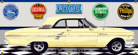 1964 FORD FAIRLANE 500 SUNLIGHT YELLOW CAR GARAGE SCENE SIDE VIEW BANNER SIGN CAR ART MURAL VARIOUS SIZES