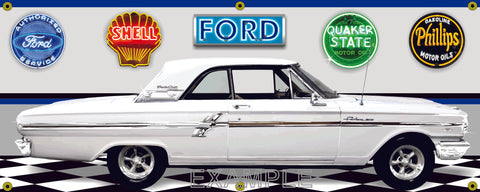 1964 FORD FAIRLANE 500 WHITE CAR GARAGE SCENE SIDE VIEW BANNER SIGN CAR ART MURAL VARIOUS SIZES