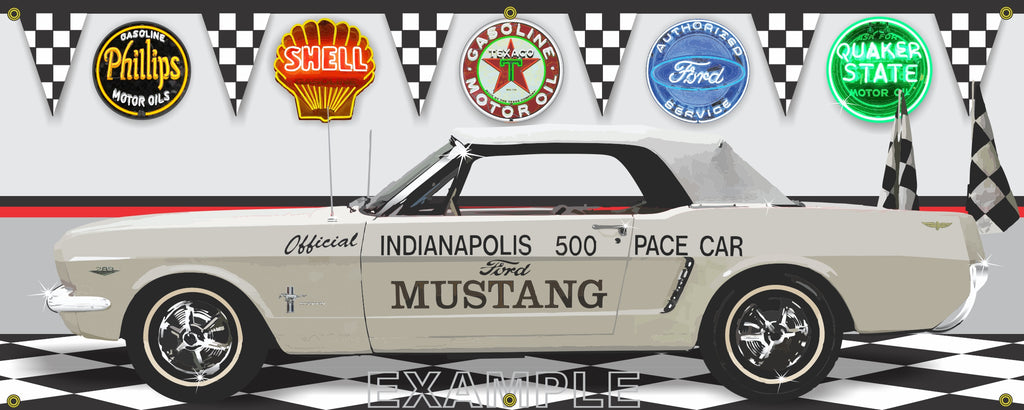 1964 FORD MUSTANG 289 WHITE INDY 500 PACE CAR GARAGE SCENE SIDE VIEW BANNER SIGN CAR ART MURAL VARIOUS SIZES