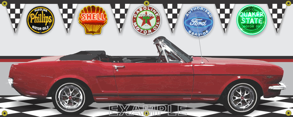 1964 FORD MUSTANG RED CONVERTIBLE CAR GARAGE SCENE SIDE VIEW BANNER SIGN CAR ART MURAL VARIOUS SIZES