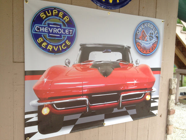 1965 RED CHEVY CORVETTE STINGER GARAGE SCENE Neon Effect Sign Printed Banner 4' x 3'