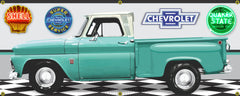 1966 CHEVROLET C10 TRUCK STEPSIDE LIGHT TURQUOISE GREEN GARAGE SCENE SIDE VIEW BANNER SIGN ART MURAL VARIOUS SIZES CUSTOM JOB