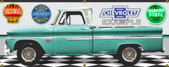 1966 CHEVROLET C10 TRUCK FLEETSIDE LIGHT TURQUOISE GREEN GARAGE SCENE SIDE VIEW BANNER SIGN ART MURAL VARIOUS SIZES