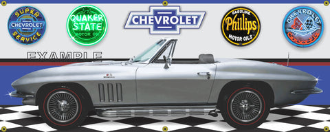 1966 CHEVROLET Corvette Convertible Silver Pearl 427 Big Block CAR GARAGE SCENE SIDE VIEW BANNER SIGN ART MURAL VARIOUS SIZES