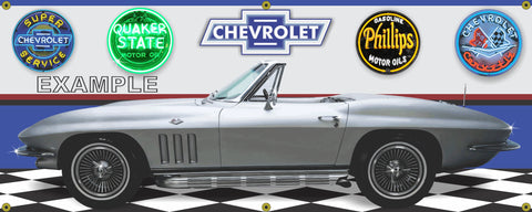 1966 CHEVROLET Corvette Convertible Silver Pearl CAR GARAGE SCENE SIDE VIEW BANNER SIGN ART MURAL VARIOUS SIZES