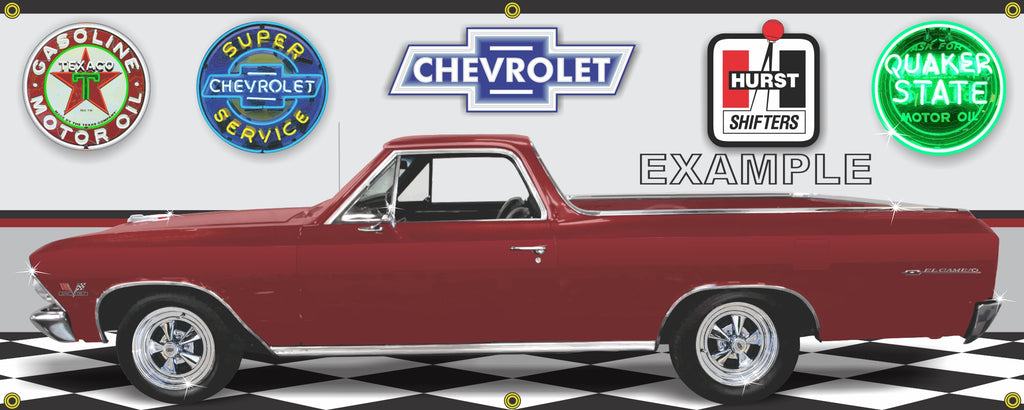 1966 CHEVROLET EL CAMINO TRUCK CHERRYWINE RED CAR GARAGE SCENE SIDE VIEW BANNER SIGN ART MURAL VARIOUS SIZES