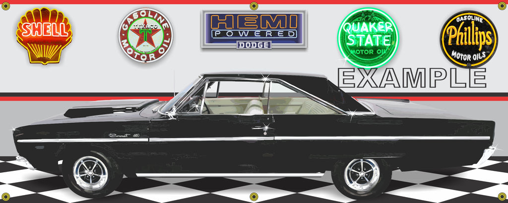 1966 DODGE CORONET HEMI 440 BLACK CAR GARAGE SCENE SIDE VIEW BANNER SIGN CAR ART MURAL VARIOUS SIZES