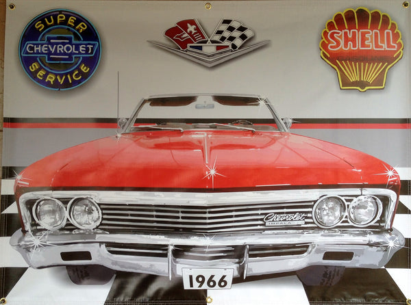 1966 RED CHEVROLET CHEVY IMPALA CONVERTIBLE GARAGE SCENE Neon Effect Sign Printed Banner 4' x 3'