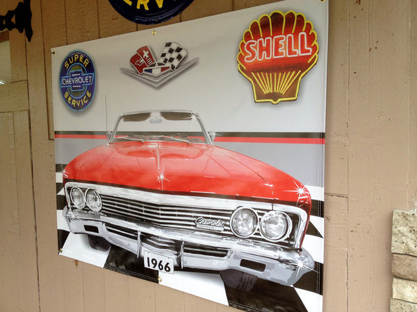 1966 RED CHEVROLET CHEVY IMPALA CONVERTIBLE GARAGE SCENE Neon Effect Sign Printed Banner 4' x 3'