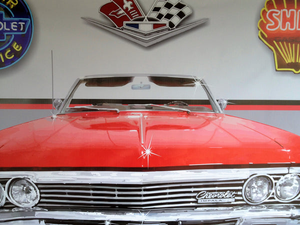 1966 RED CHEVROLET CHEVY IMPALA CONVERTIBLE GARAGE SCENE Neon Effect Sign Printed Banner 4' x 3'