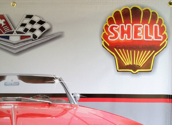 1966 RED CHEVROLET CHEVY IMPALA CONVERTIBLE GARAGE SCENE Neon Effect Sign Printed Banner 4' x 3'