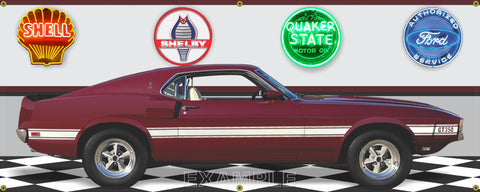 1969 MUSTANG SHELBY GT350 MAROON WHITE CAR GARAGE SCENE SIDE VIEW BANNER SIGN CAR ART MURAL VARIOUS SIZES